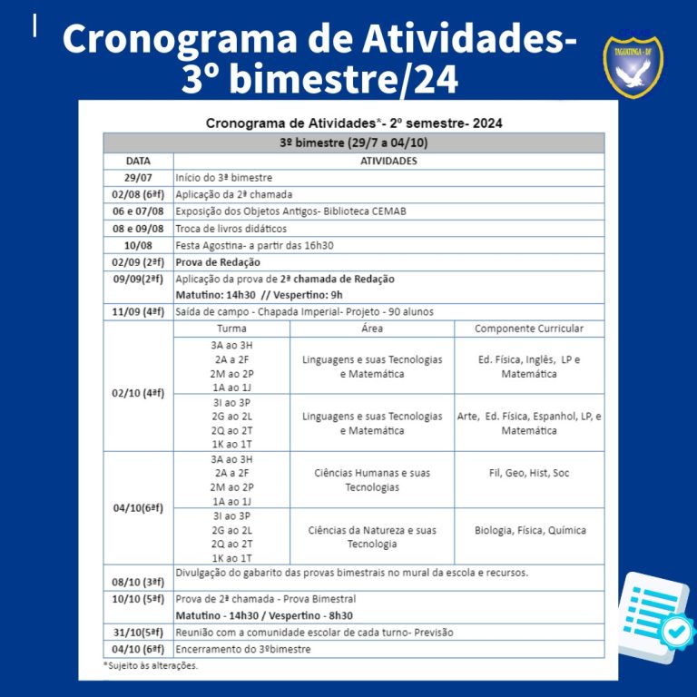 Cronograma de atividades 3º bimestre 2024